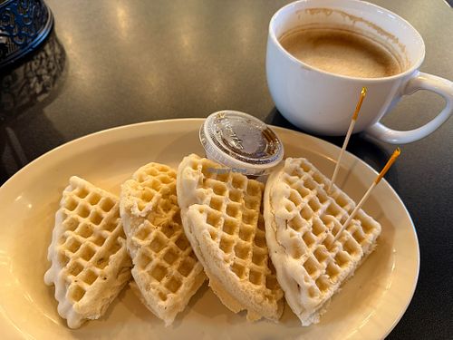 Vegan Waffles and Oat Milk Cappuccino at Golden Waffle Company in Amarillo