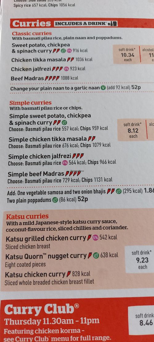 Vegan curry options at The Isambard Kingdom Brunel - JD Wetherspoon in Portsmouth