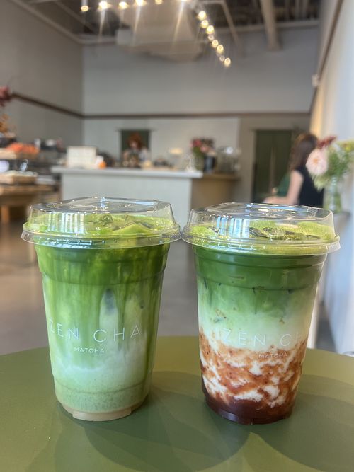 Vegan miso caramel matcha + strawberry matcha   at Zen Cha Matcha in Darien