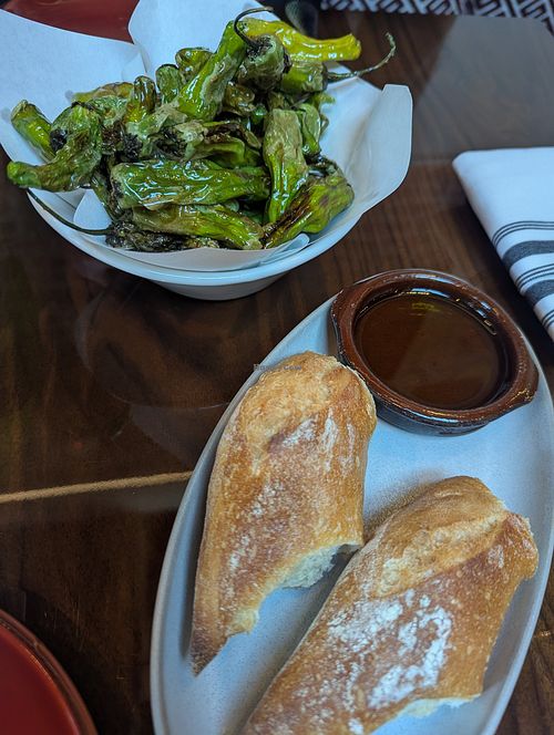 Blistered peppers & bread with olive oil at L Campo in Livermore
