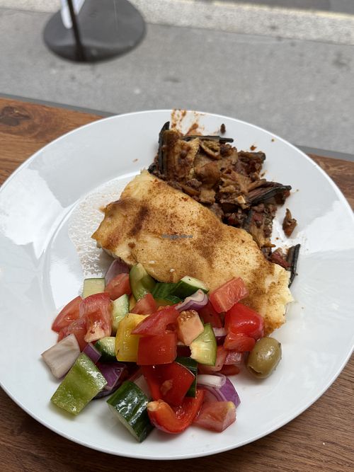 Vegan Moussaka with salad   at Kleftiko in London