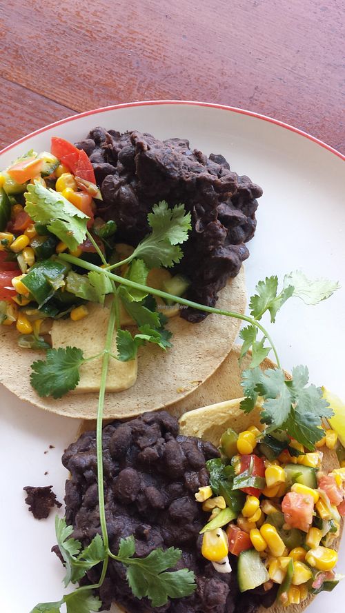 Huevos rancheros - vegan version with a cashew cheese, black beans and salsa. Very tasty.  at True North in Coburg