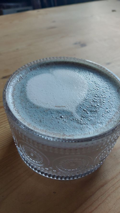 Blue chai latte at Nourish Cafe in England