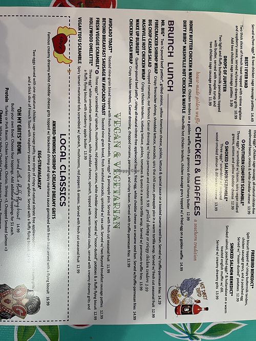 Close up of vegan/vegetarian menu section  at The Flying Biscuit Cafe in Macon