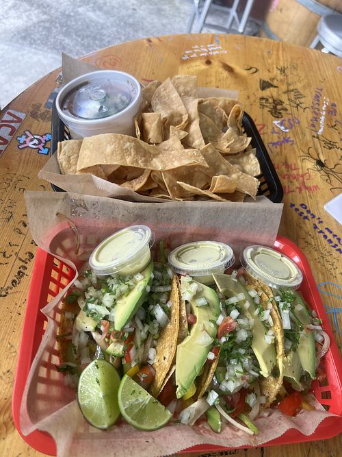 veggie tacos with addded avocado. homemade chips and salsa   at Worker’s Tap in Portland