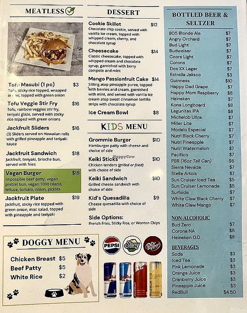 Menu with “Meatless” section  at Aloha Grill in Huntington Beach