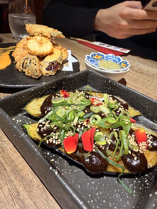 Fried tempura and aubergine in teriyaki sauce   at Moon and Back Nishiki Alley in Kyoto