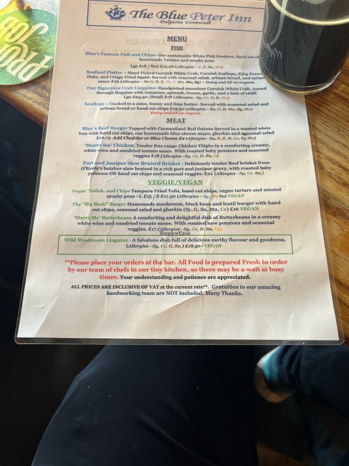 Menu   at The Blue Peter Inn  in Polperro