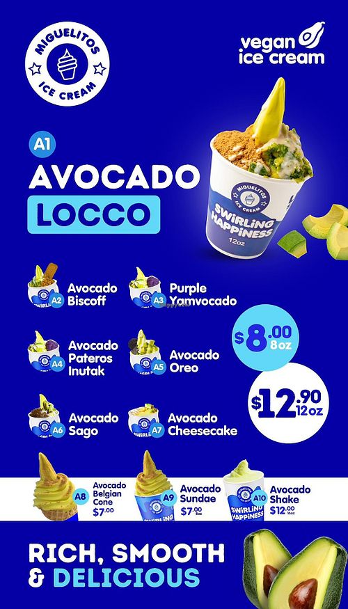 Avocado ice cream menu at Miguelitos Ice Cream in Melbourne