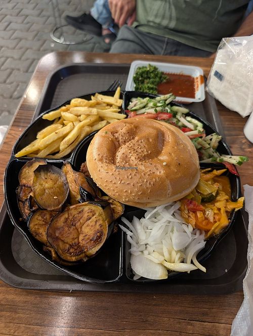 Falafel plate. It came with 3 rolls, 7 falafel balls, plus these fixings and hot sauce at Falafel Bnar in Sulaymaniyah Governorate