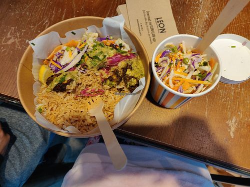 Falafel bowl and big salad at LEON Eurotunnel in England