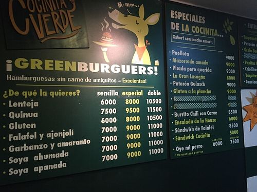 Menu at La Cocinita Verde in Bogota