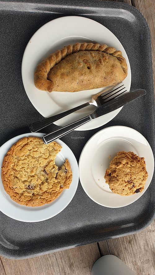 Vegan cauliflower curry patty, fruit scones and chocolate chip cookie at Sutton Hoo Cafe in England