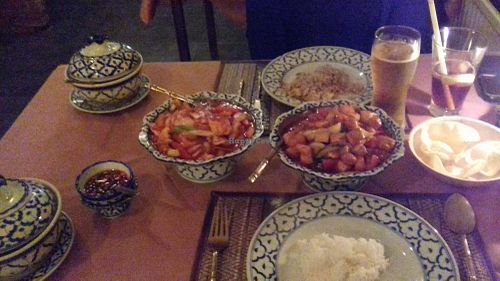 White rice with sweet-and-sout tahoe and veggies at River Kwai in Utrecht