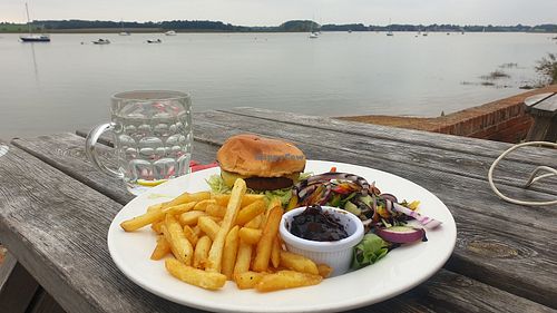 Moving mountain burger and chips very good. at Ramsholt Arms in England