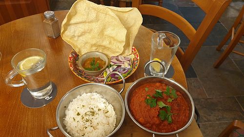 Chickpea tikka masala and rice. at The Shepherd and Dog Inn in England
