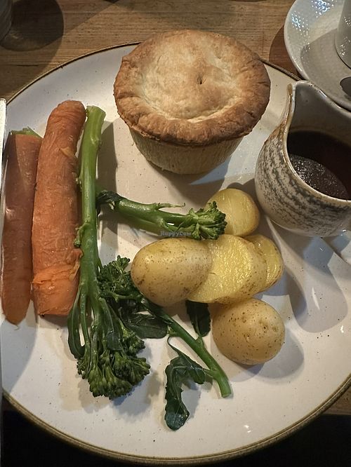 Vegan mushroom, red wine and tarragon pie.   at Greyfriars Bobby's Bar in Edinburgh