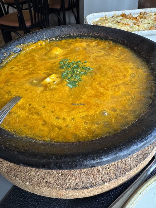 Sizzling hot heart of palm stew, served with rice  at Comida de Santo in Lisboa