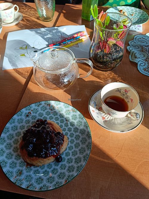 Sour dough cinnamon roll, topped with blackcurrant jam, and Kenyan fruity pour-over coffee at Kattopuutarha in Pirkanmaa