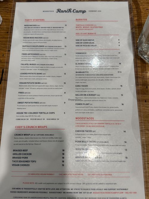 Menu front at Ranch Camp Woodstock in Woodstock