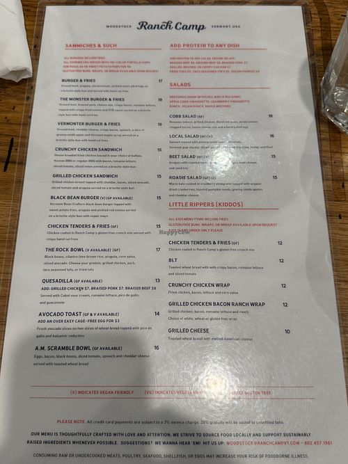 Menu back  at Ranch Camp Woodstock in Woodstock