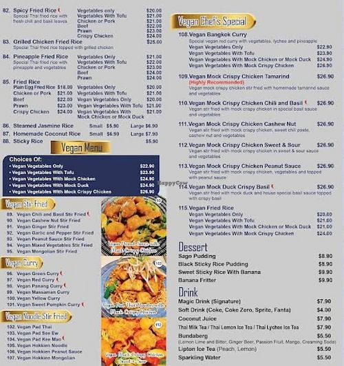 Separate vegan menu at Ta-Wan Thai Restaurant in Gold Coast