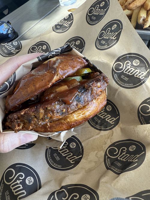 BYO Burger - veggie patty, pretzel bun, bbq sauce, grilled onions, pickles   at The Stand - American Classics Redefined in Westlake Village