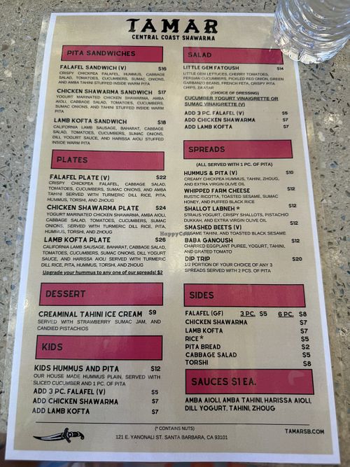 Menu  at Tamar in Santa Barbara