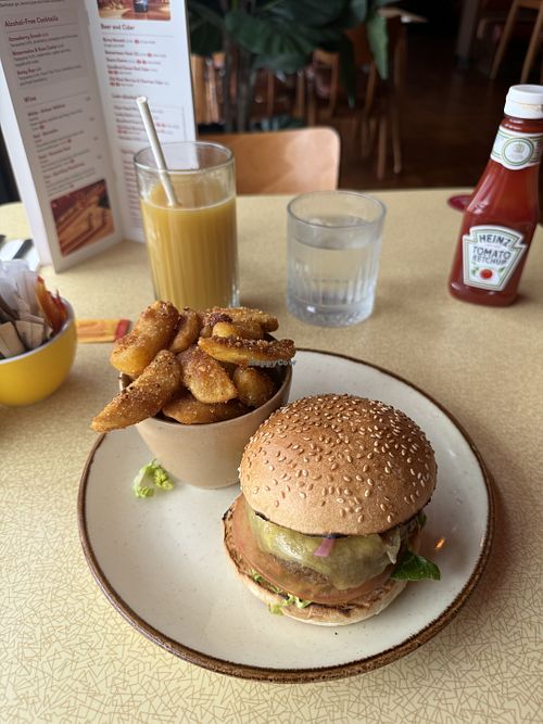 Vegan burger and fries  at Brightside Roadside Dining Honiton in Honiton
