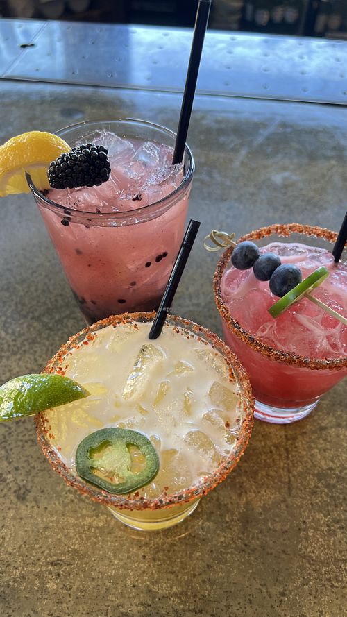 Smoking Gin (front), What in the Blue Blazes (right), Blackberry Basil Lemonade (left)  at Farmers Table  in La Mesa
