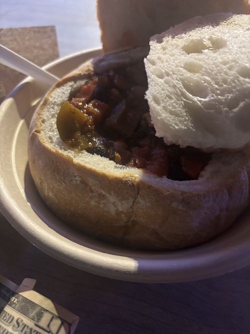 Vegan chili in a bread bowll  at Oasis in Elysburg