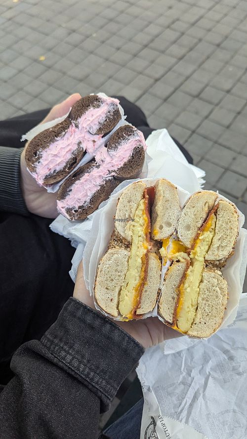 Strawberry tofu cream cheese on pumpernickel and vegan BEC on everything at Utopia Bagels in New York