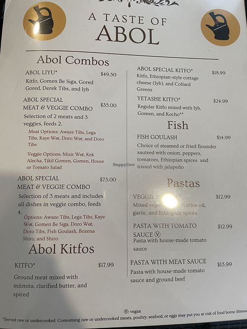 Menu  at Abol Ethiopian Restaurant in Durham