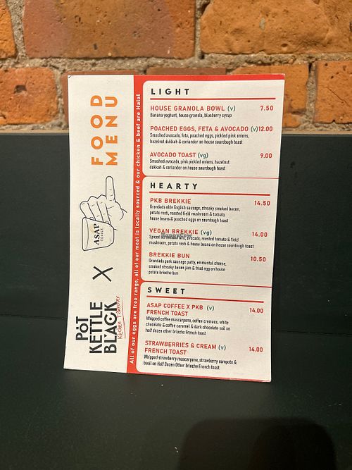 Food menu including vegan avocado toast and vegan brekkie.  at ASAP Coffee in Manchester