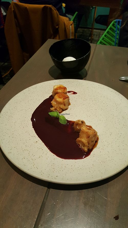 Dessert: fried bananas with acai sauce, and yogurt ice cream at amaZ in Lima