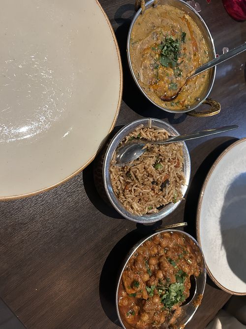 mushroom rice, lentil dhal and chana masala😄 at Rishi's Indian Aroma in Dundee