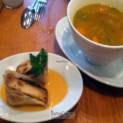five spice tofu rolls and vegetable & pumpkin soup at Gobo - Upper East Side in New York City