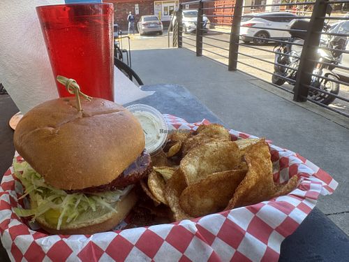 Teriyaki vegan chicken sandwich, Jamaican jerk rub on kettle chips with vegan ranch dipping sauce    at Heavenly Buffaloes in Chapel Hill