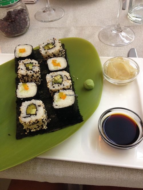 Vegan sushi filled with avocado, chutney and mango. Yum ! at Gintilla in Cagliari
