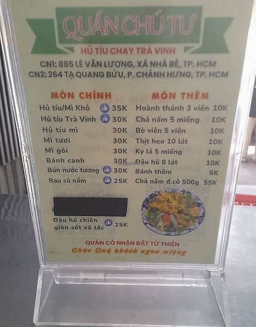 Menu in Vietnamese only at Hủ tiếu chay Chú Tư - Tạ Quang Bửu in Thành Phố Hồ Chí Minh
