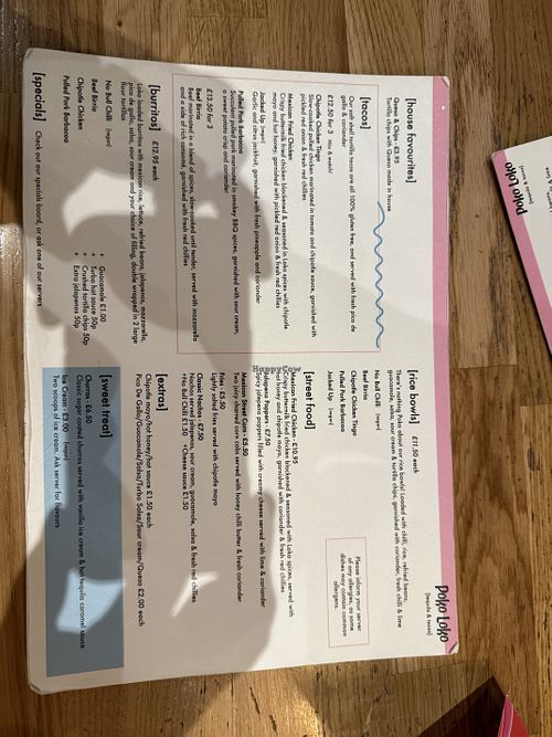 Menu with vegan items clearly marked   at Poko Loko in Glasgow