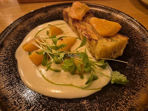 Celery Lasagne, Citrus Horseradish Sauce, Quince at Félúton Bisztró in Badacsonytomaj