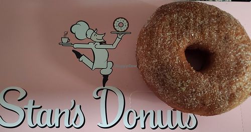 Vegan cinnamon-sugar donut. It's a normal size donut (sitting on a large box). at Stan's Donuts & Coffee in Schererville