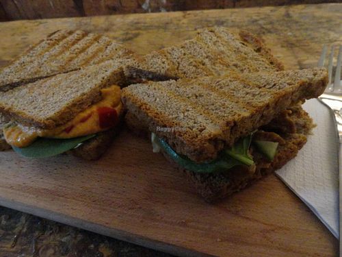 Hummus and spicy chicken sandwiches (vegan) at Dr. Blend in Amsterdam