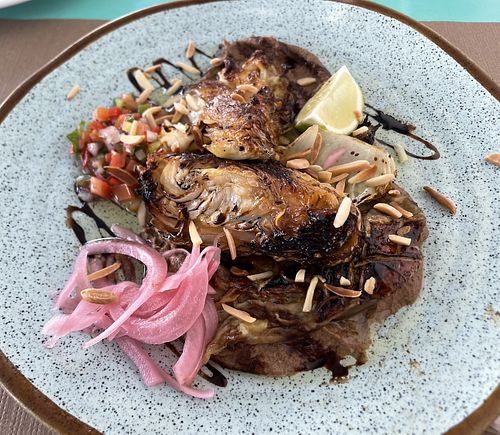 Roasted cabbage with eggplant sauce   at Atira-te ao Rio in Setúbal