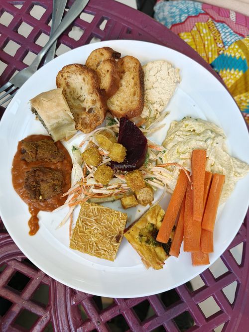 A bit of everything, including seitan pieces, salad, quiche, homemade goats cheese at Foragers' Kitchen in Nottingham