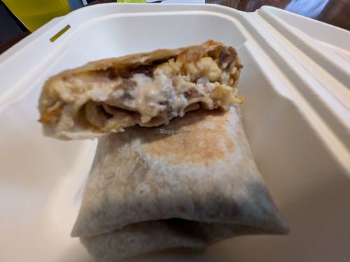 Breakfast wrap w/plant based egg, cheese, and sausage at Maydan Cafe in Baldwinsville