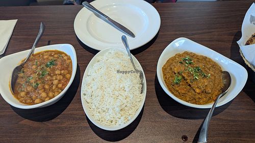 Chana masala , rice, and baigan barta at Tandoori Bites, Durham in Durham