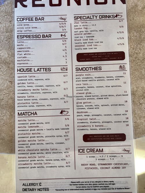 beverage menu  at Reunion in Boston