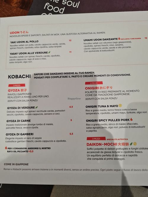 Menu, vegan options clearly labelled at Yume | La via Zen del Ramen in Padua